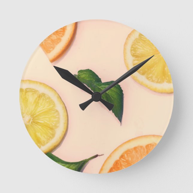 Citrus fruit pattern in pastel colors round clock (Front)