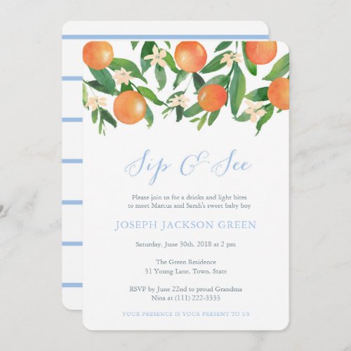 Citrus fruit Sip and See party meet new baby boy Invitation