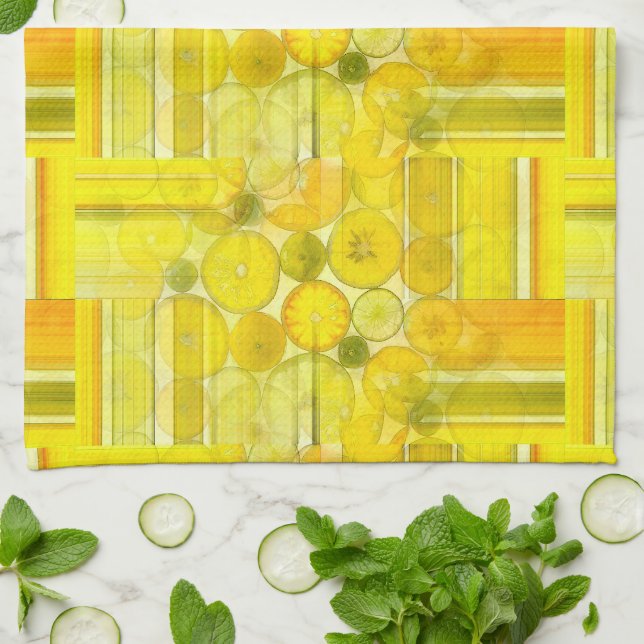 Citrus Fruit Slices Patchwork Woven Pattern Kitchen Towel (Folded)
