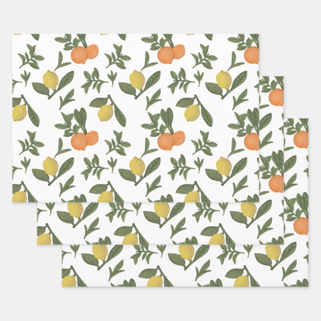 Citrus Fruit Yuzu and Orange Foliage Wrapping Paper Sheets (Set)