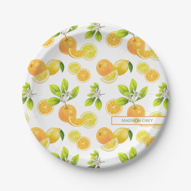 Citrus Fruits Art Oranges and Lemons Patten Paper Plates (Front)