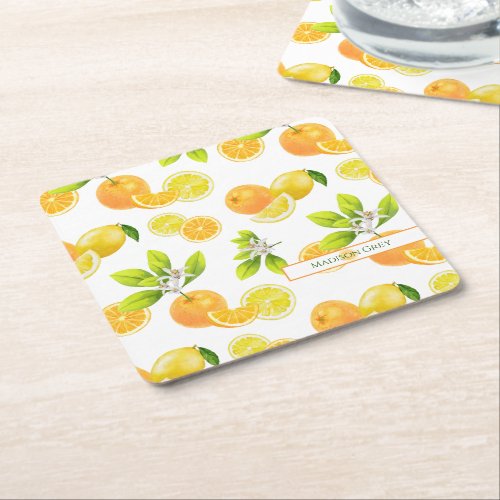 Citrus Fruits Art Oranges and Lemons Patten Square Paper Coaster