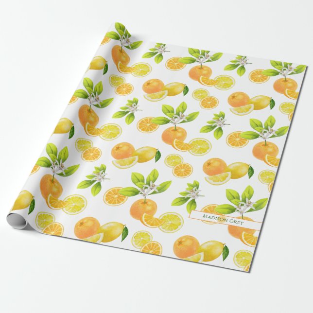 Citrus Fruits Art Oranges and Lemons Patten Wrapping Paper (Unrolled)
