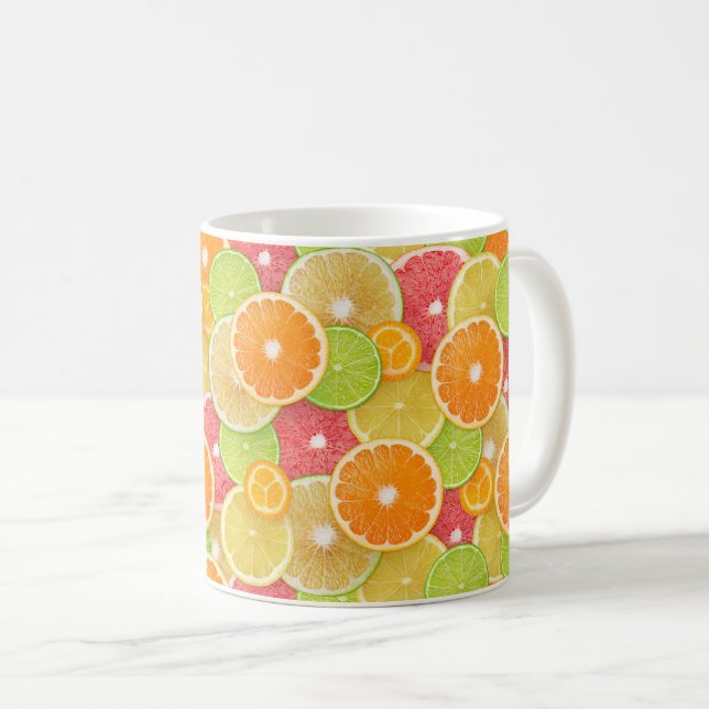 Citrus fruits background coffee mug (Front Right)