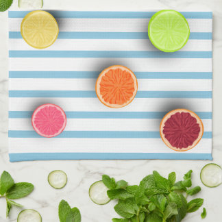Citrus Fruits on Baby Blue Stripes Pattern Kitchen Towel
