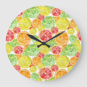 Citrus fruits: vibrant three-color watercolor patt large clock