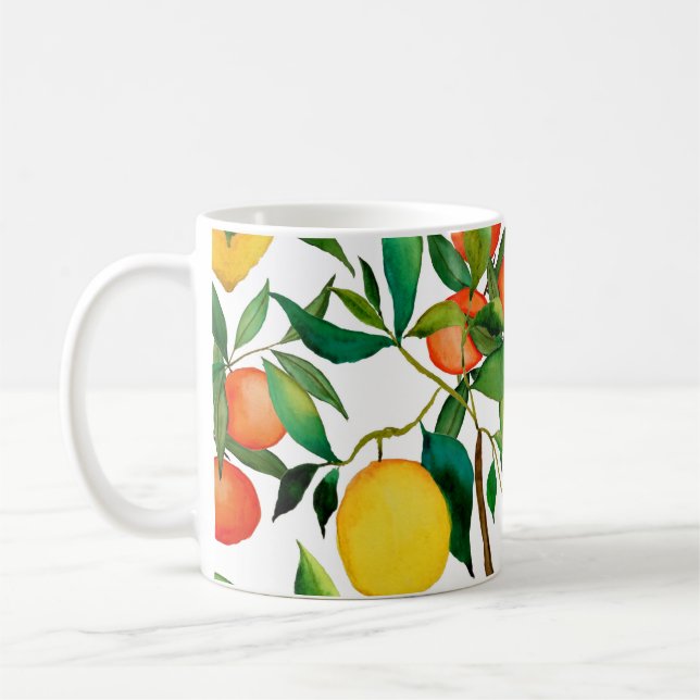 Citrus fruits, vibrant watercolor pattern. coffee mug (Left)
