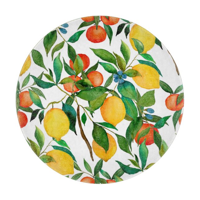 Citrus fruits, vibrant watercolor pattern. cutting board (Front)
