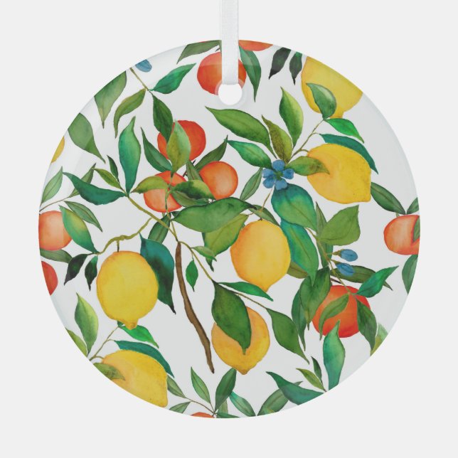 Citrus fruits, vibrant watercolor pattern. glass ornament (Front)