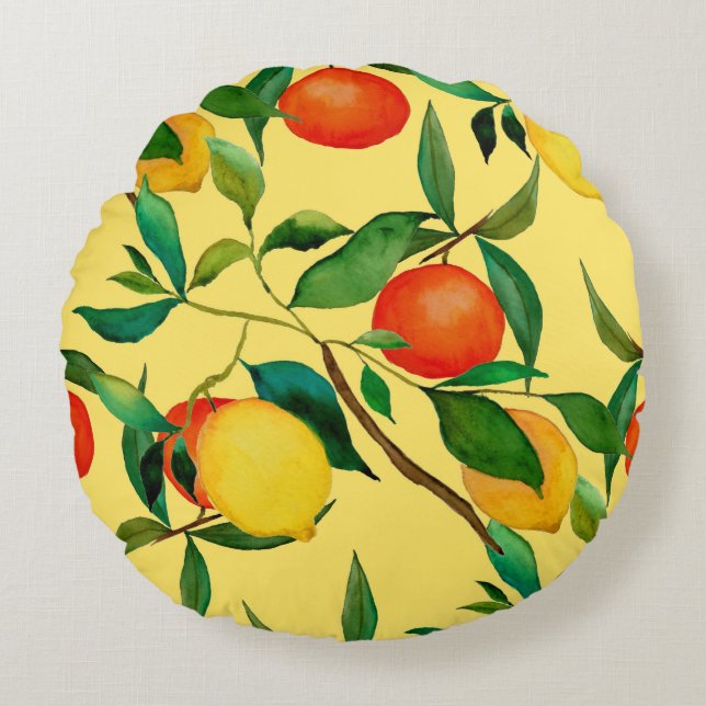 Citrus fruits, vibrant watercolor pattern. round pillow (Front)