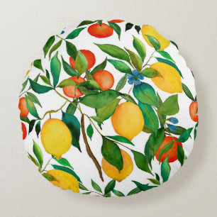 Citrus fruits, vibrant watercolor pattern. round pillow