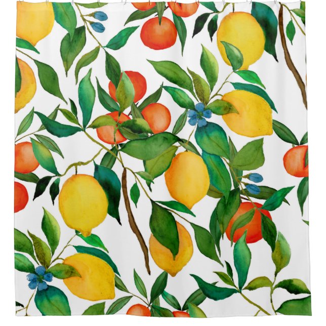 Citrus fruits, vibrant watercolor pattern. shower curtain (Front)