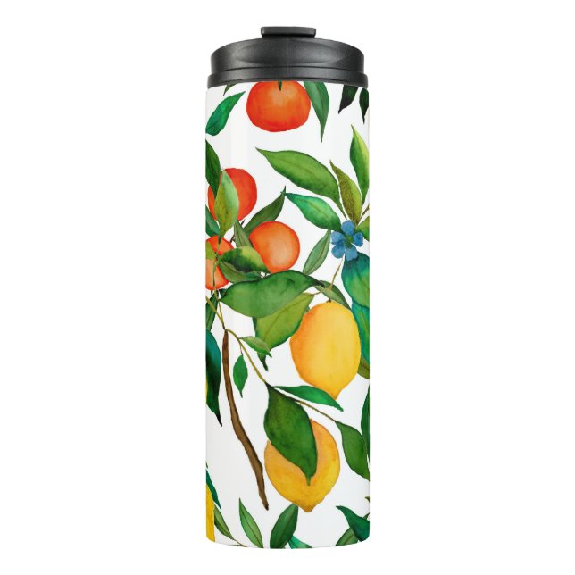 Citrus fruits, vibrant watercolor pattern. thermal tumbler (Front)