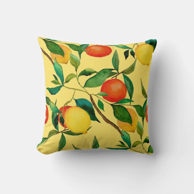 Citrus fruits, vibrant watercolor pattern. throw pillow (Front)