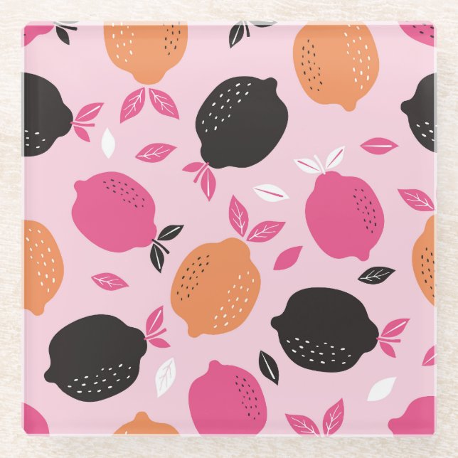Citrus fruits, vintage textile pattern. glass coaster (Front)