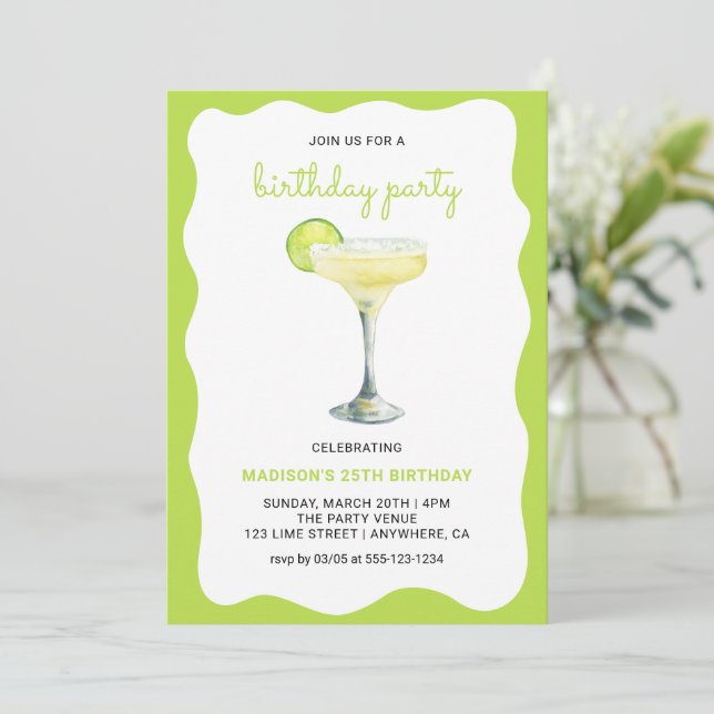 Citrus Green Chic Wavy Summer Cocktail Birthday Invitation (Standing Front)