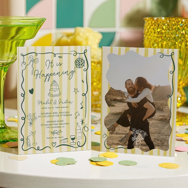 Citrus Green hand drawn Stripes photo wedding Invitation (Citrus Green hand drawn Stripes photo wedding Invitation)