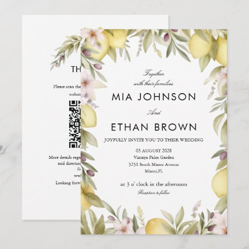 CITRUS GREEN LEMON FLORAL QR WEDDING Invitation
