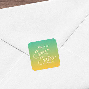 Citrus Green & Orange Gradient Sweet 16 Birthday Square Sticker