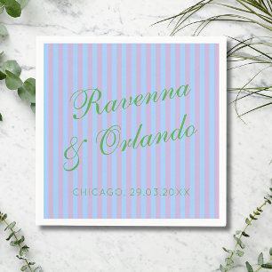 Citrus Green Retro Blue Pink Stripe Wedding Napkins