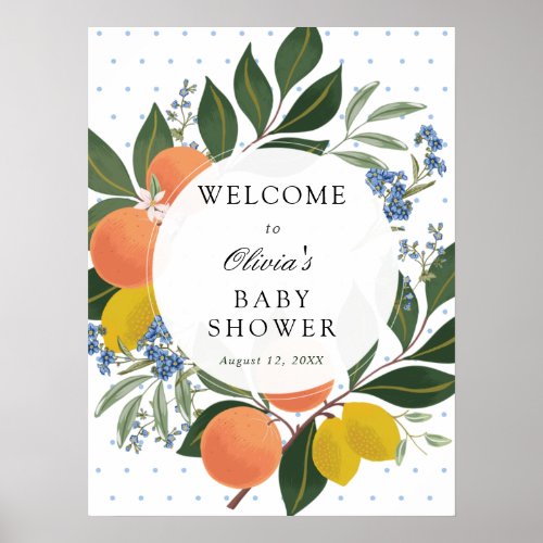 Citrus Greenery Blue Baby Shower Welcome Sign