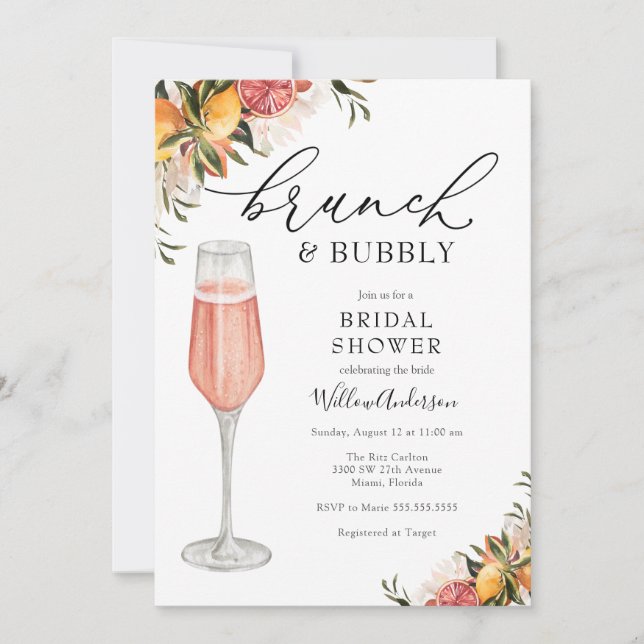 Citrus Greenery Brunch and Bubbly Bridal Shower Invitation (Front)