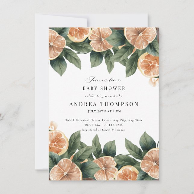 Citrus Greenery | Pink Floral Baby Shower Invitation (Front)