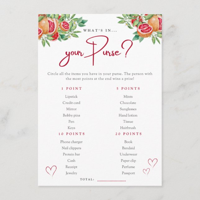 Citrus Greenery | What's in Your Purse Shower Game Enclosure Card (Front)