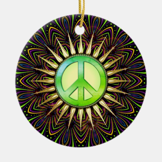 Citrus Groove Peace Sign Psychedelic Mandala Ceramic Ornament (Front)