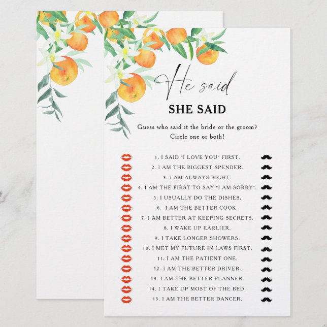 Citrus - He said she said bridal shower game (Front/Back)