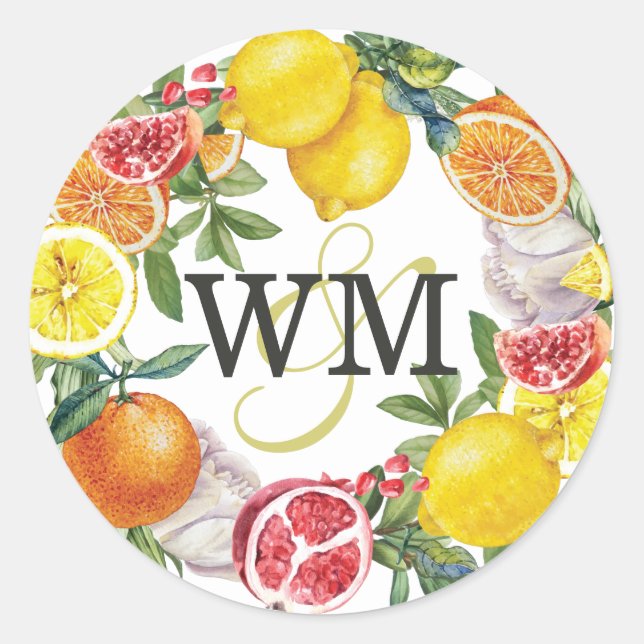 Citrus Initials Botanical wreath Wedding Classic Round Sticker (Front)