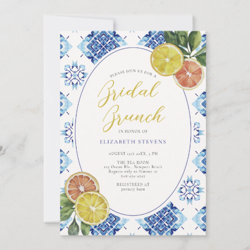 Citrus Italian Blue Tile Modern Chic Bridal Shower Invitation