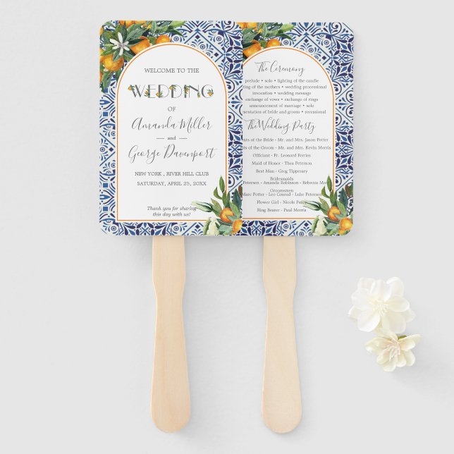 Citrus Italian tiles wedding program fan (Front and Back)