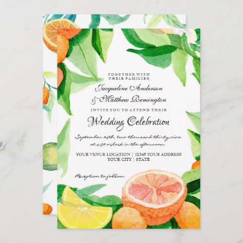 Citrus Kumquat Lemons Orange Greenery Watercolor Invitation