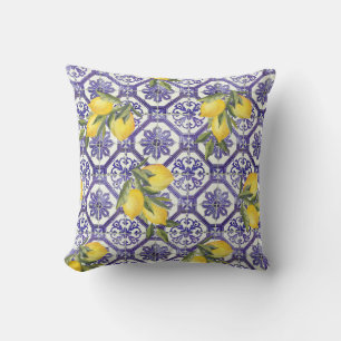 Citrus Lemon Blue Portuguese Tile Mediterranean Throw Pillow