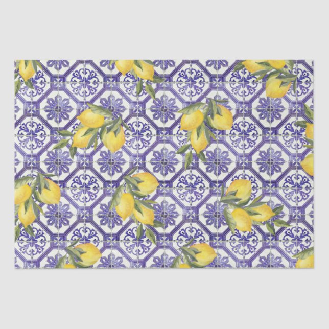 Citrus Lemon Blue Portuguese Tile Mediterranean Tissue Paper (Front)