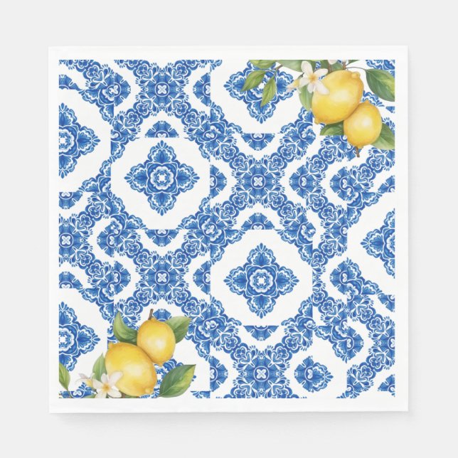 Citrus Lemon Blue Tile Bridal Paper Napkins (Front)