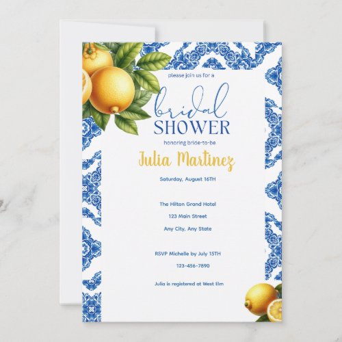 Citrus Lemon Blue Tile Bridal Shower Invitation 