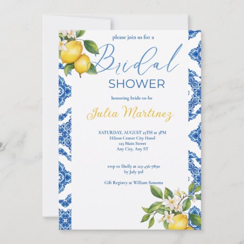 Citrus Lemon Blue Tile Bridal Shower Invitation