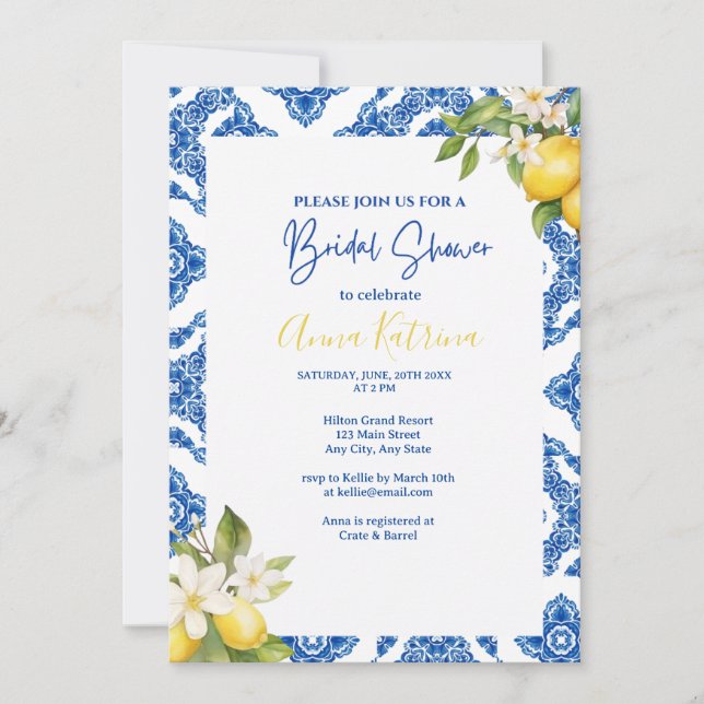Citrus Lemon Blue Tile Bridal Shower Invitation (Front)