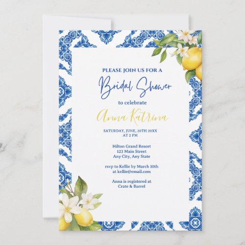 Citrus Lemon Blue Tile Bridal Shower Invitation