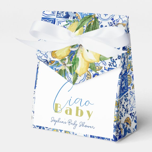 Citrus Lemon Blue Tile Watercolor Favor Boxes (Front Side)