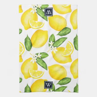 Citrus Lemon Botanical Monogram Kitchen Towel