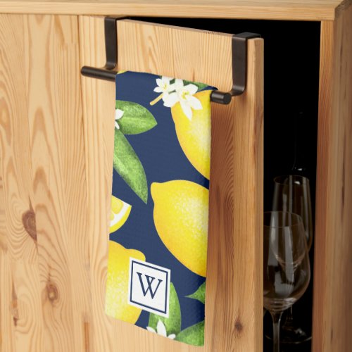 Citrus Lemon Botanical Monogram Navy Blue Kitchen Towel
