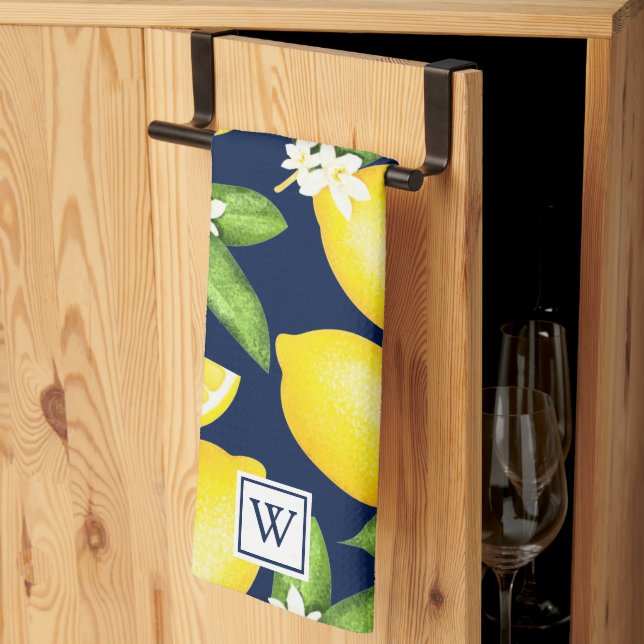 Citrus Lemon Botanical Monogram Navy Blue Kitchen Towel (Thirds Fold)