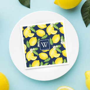 Citrus Lemon Botanical Navy Blue Monogram Napkins
