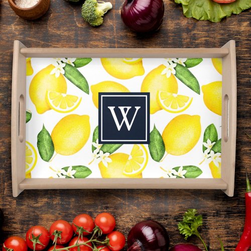 Citrus Lemon Botanical Navy Blue Monogram Serving Tray