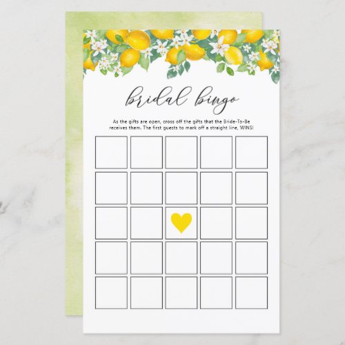 Citrus Lemon Bridal Shower Bingo Game Cards