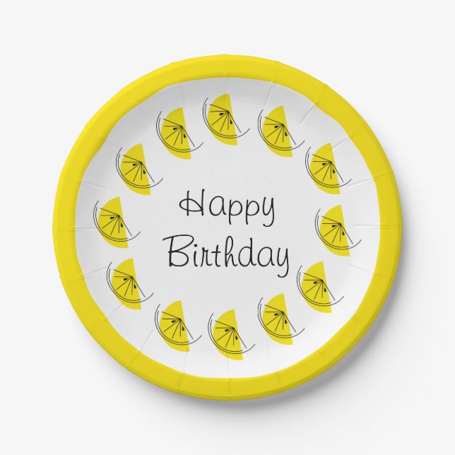 Citrus Lemon Circle Happy Birthday Paper Plates (Front)