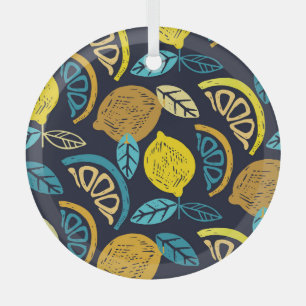 Citrus Lemon Doodle Pattern Background Glass Ornament